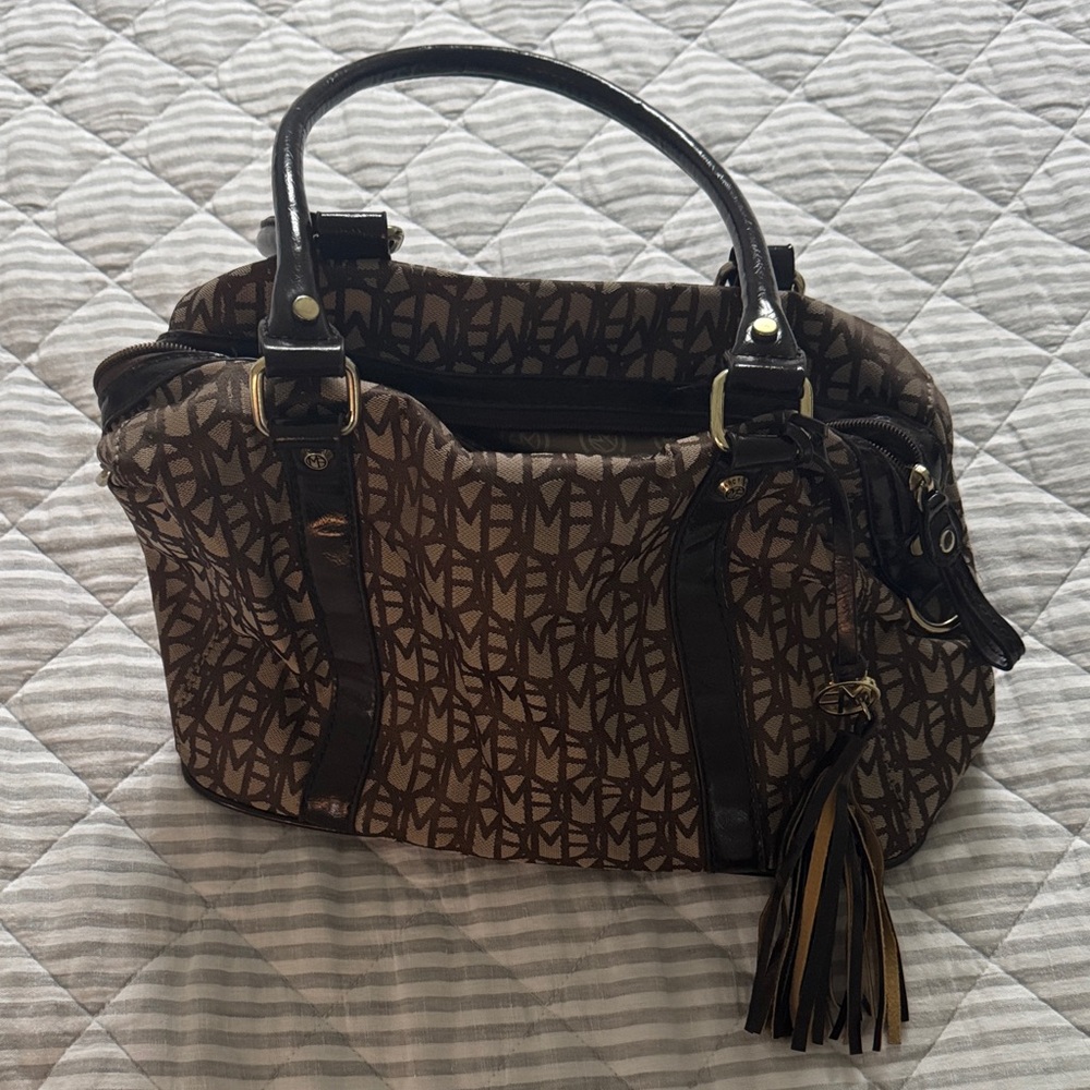 Marc Fisher Brown Monogram Satchel with Dark Brown Trim